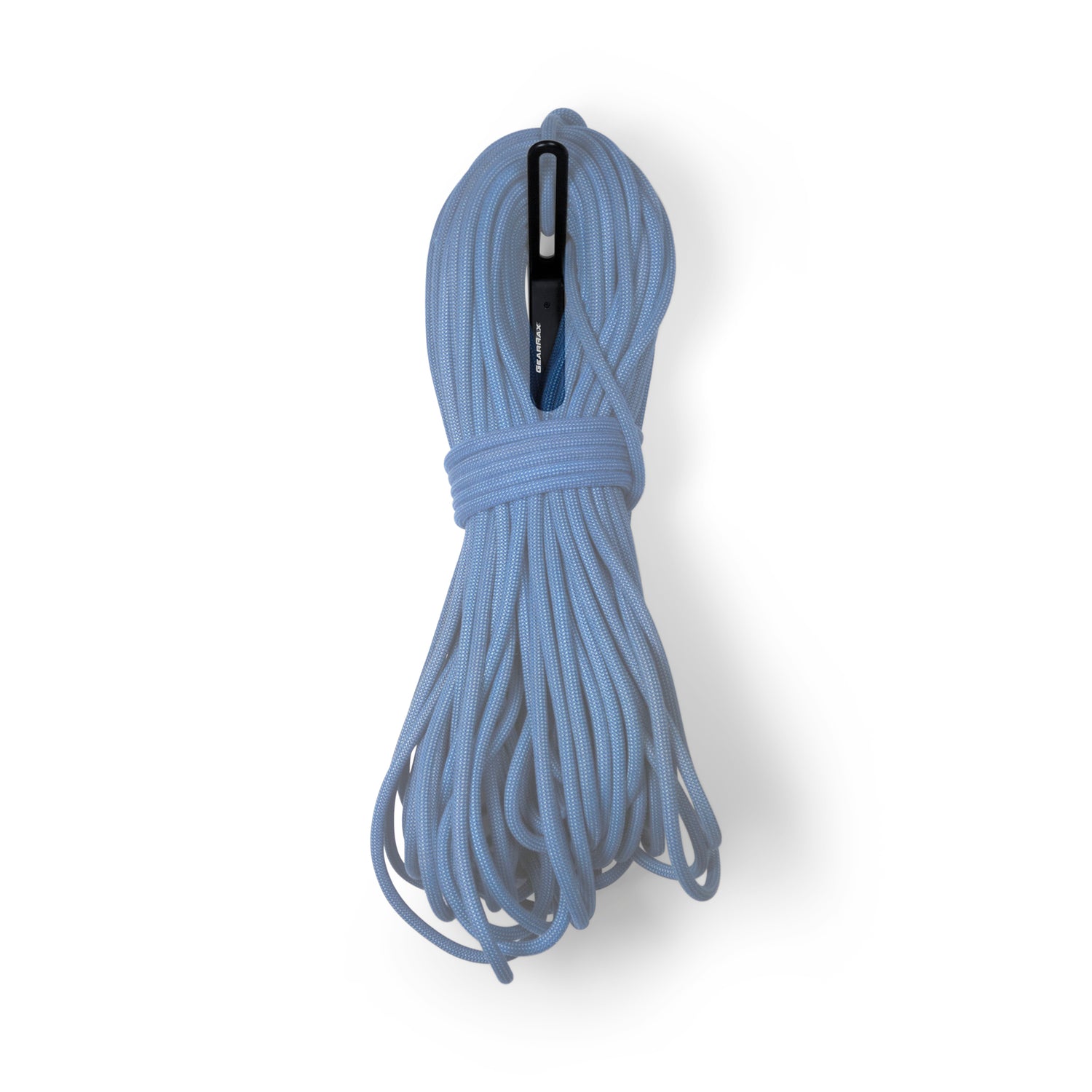 Coiled blue rope with a black hook on a white background