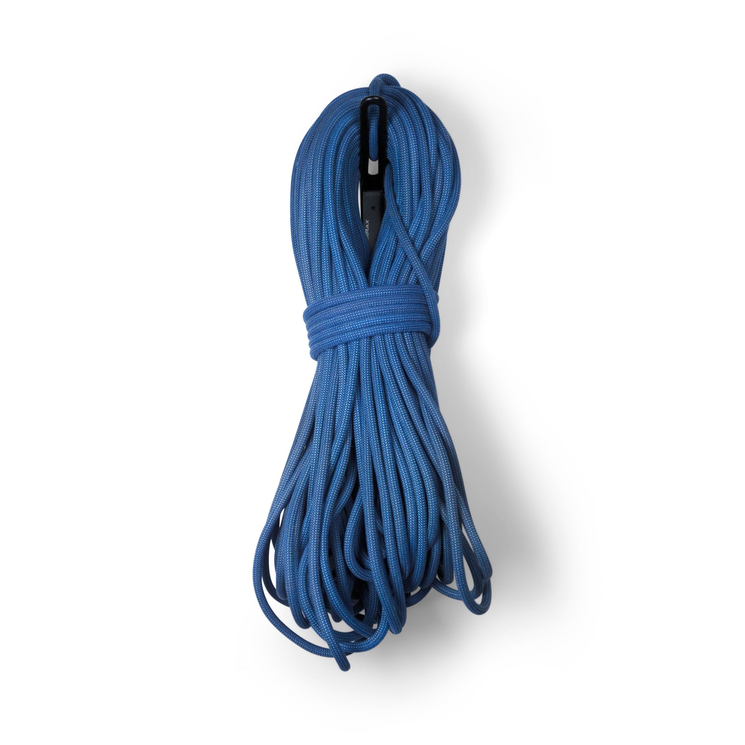 Coiled blue rope with a black hook on a white background