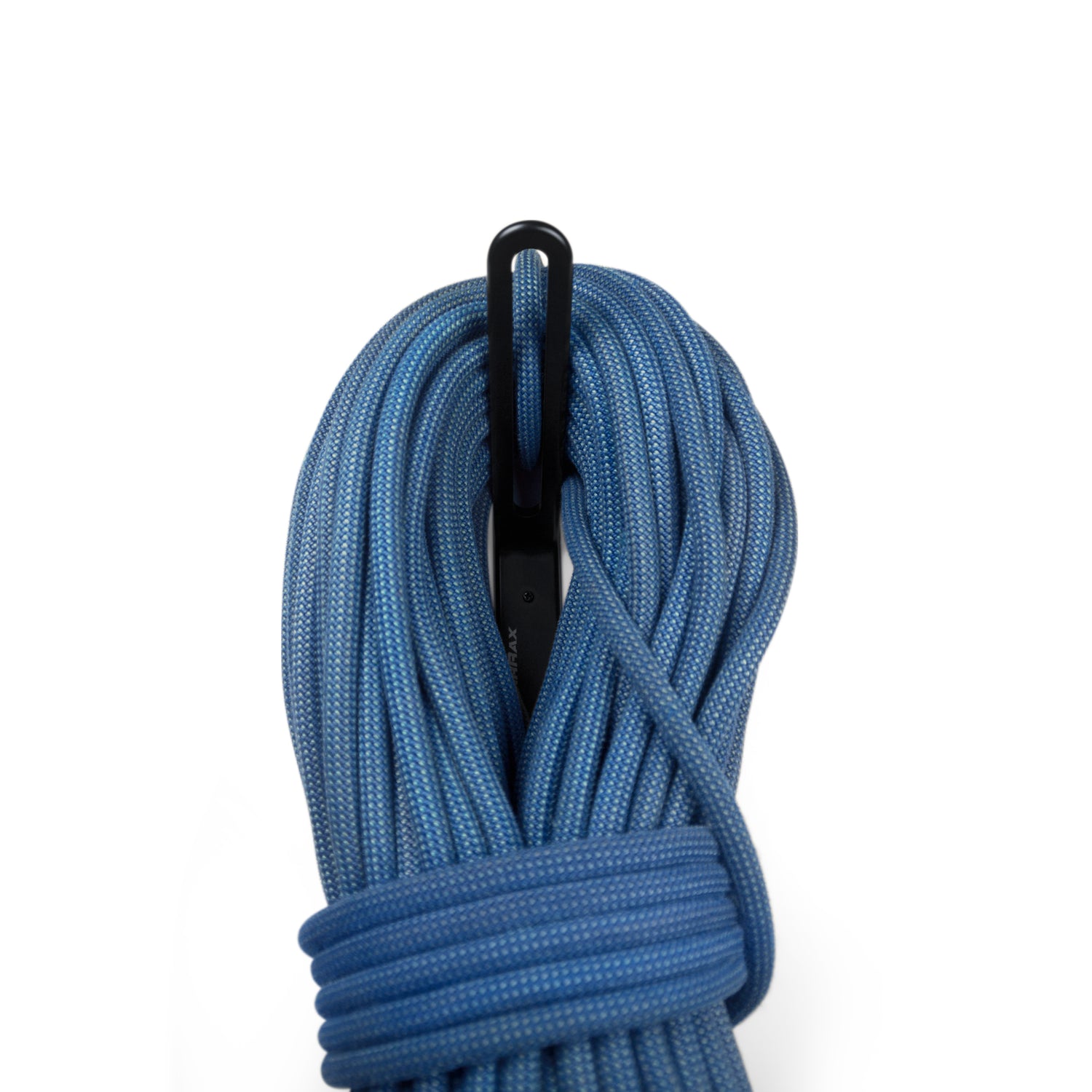 Coiled blue rope with a black hook on a white background