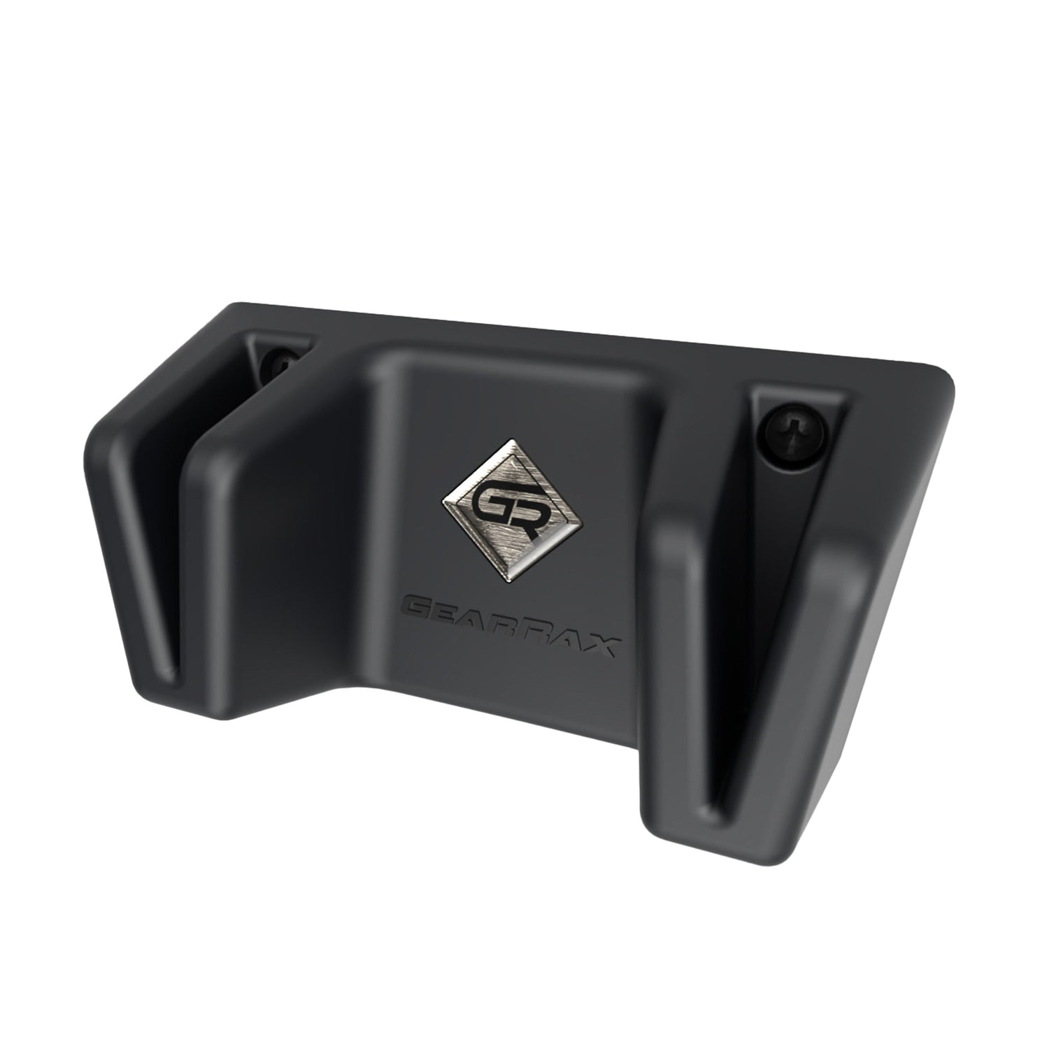 A black ice tool wall storage rack with the Gearrax logo on it.