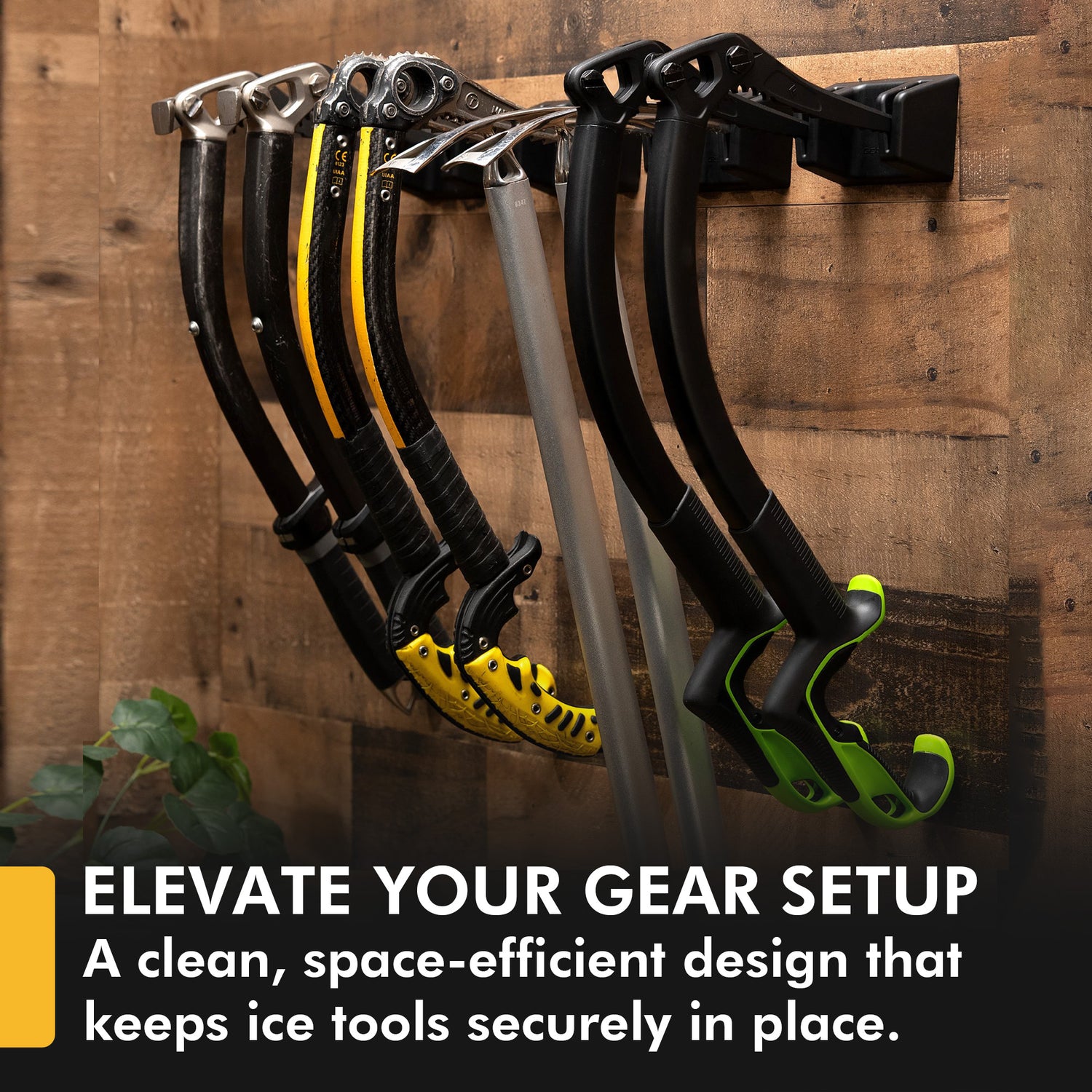 ice tool hooks on woodboard